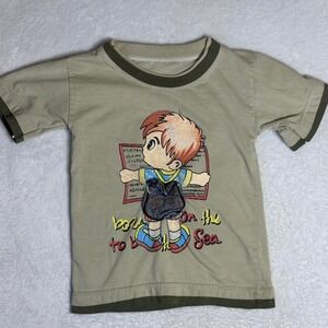 VTG Kids Ringer T-Shirt Size 4 Tan Green Born To Be On The Sea Nautical Retro